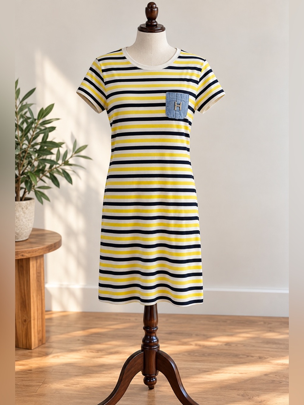 Tommy Hilfiger Striped T-Shirt Dress M Yellow Navy Preppy Coastal Nautical
